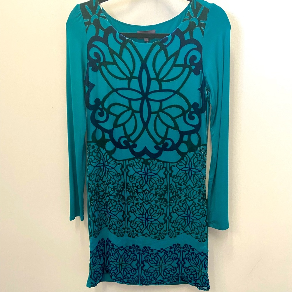 Hale Bob Dress Green Teal with Velvet Burnout XS